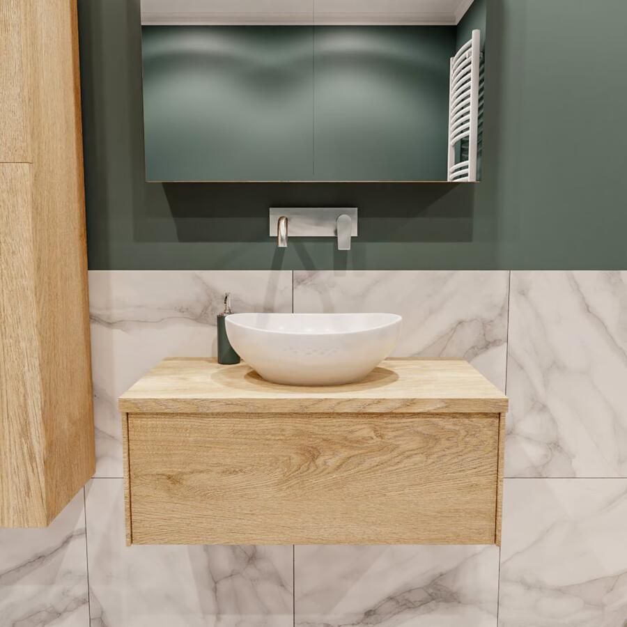 Zaro Lush onderkast met topblad 80cm in kleur WASHED OAK met 1 lades Push tot open geschikt voor gecentreerde wastafel. Met ovale keramische opzetkom met 0 kraangat(en) in het topblad - Foto 2