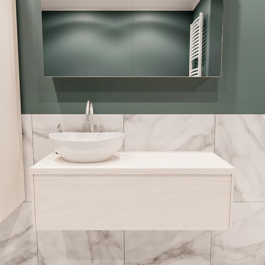 Zaro Lush onderkast met topblad 100cm in kleur UNDERLAYMENT met 1 lades Push tot open geschikt voor linkse wastafel. Met ovale keramische opzetkom met 1 kraangat(en) in het topblad - Foto 2