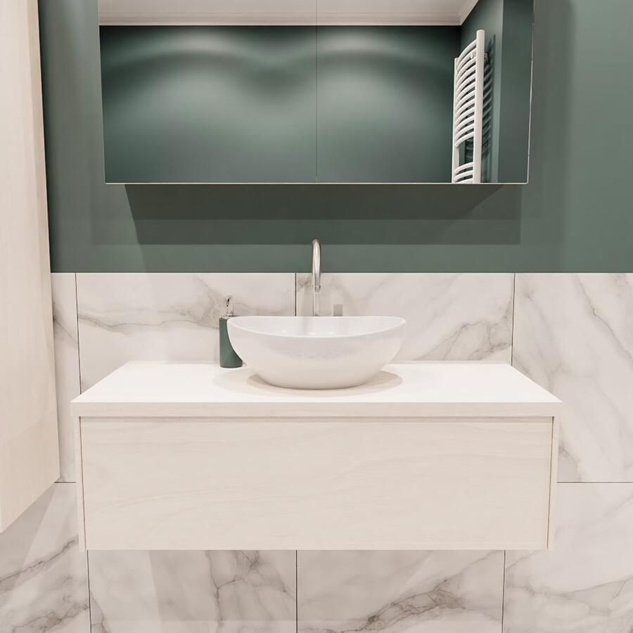 Zaro Lush onderkast met topblad 100cm in kleur UNDERLAYMENT met 1 lades Push tot open geschikt voor gecentreerde wastafel. Met ovale keramische opzetkom met 1 kraangat(en) in het topblad - Foto 2
