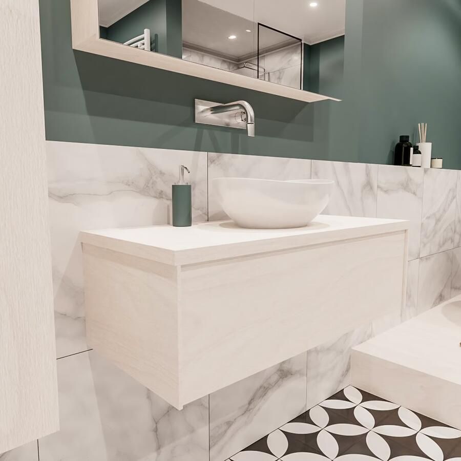 Zaro Lush onderkast met topblad 100cm in kleur UNDERLAYMENT met 1 lades Push tot open geschikt voor gecentreerde wastafel. Met ovale keramische opzetkom met 0 kraangat(en) in het topblad - Foto 4