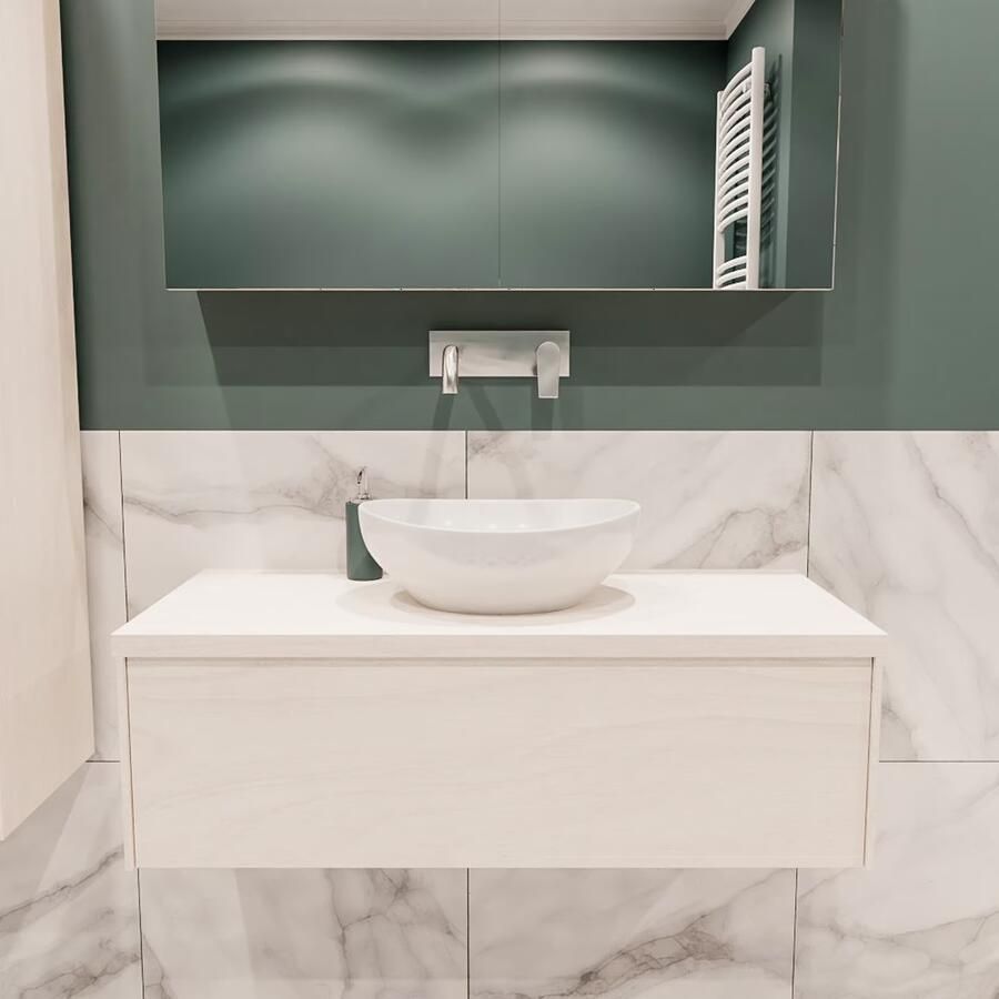 Zaro Lush onderkast met topblad 100cm in kleur UNDERLAYMENT met 1 lades Push tot open geschikt voor gecentreerde wastafel. Met ovale keramische opzetkom met 0 kraangat(en) in het topblad - Foto 2