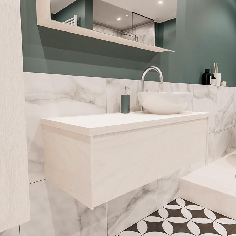 Zaro Lush onderkast met topblad 100cm in kleur UNDERLAYMENT met 1 lades Push tot open geschikt voor rechtse wastafel. Met ovale keramische opzetkom met 1 kraangat(en) in het topblad - Foto 4