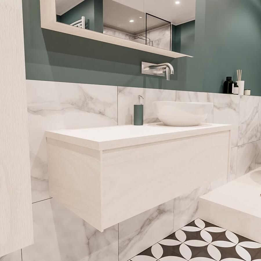 Zaro Lush onderkast met topblad 100cm in kleur UNDERLAYMENT met 1 lades Push tot open geschikt voor rechtse wastafel. Met ovale keramische opzetkom met 0 kraangat(en) in het topblad - Foto 4