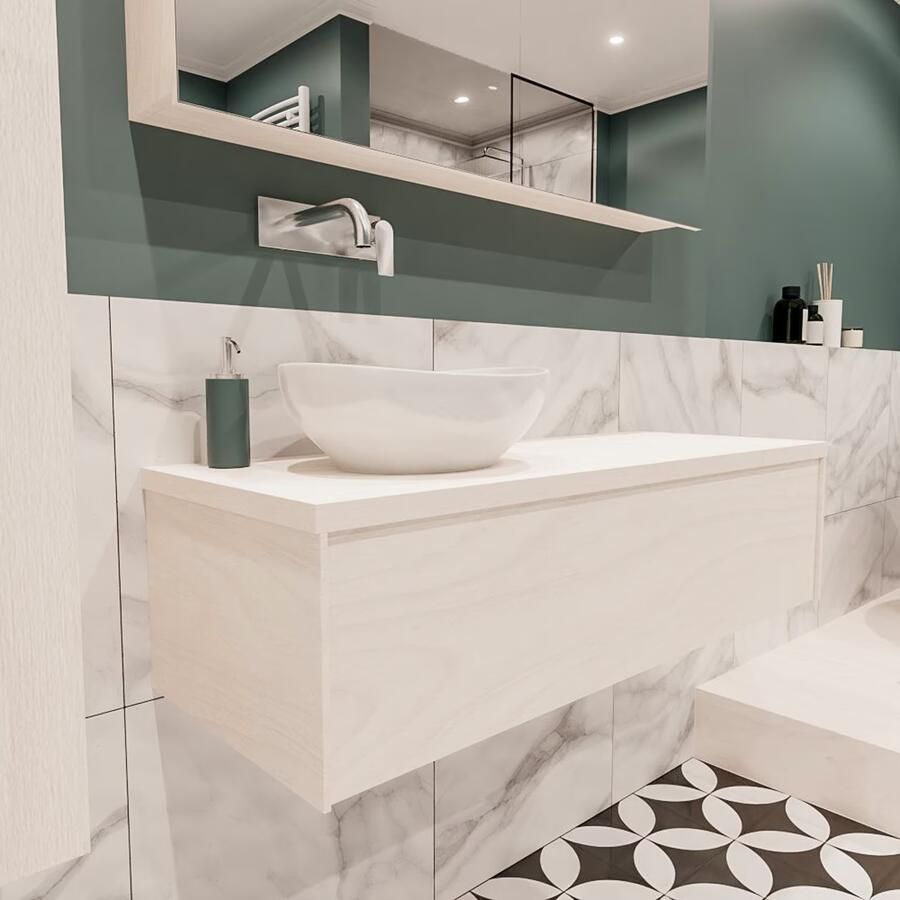 Zaro Lush onderkast met topblad 120cm in kleur UNDERLAYMENT met 1 lades Push tot open geschikt voor linkse wastafel. Met ovale keramische opzetkom met 0 kraangat(en) in het topblad - Foto 4