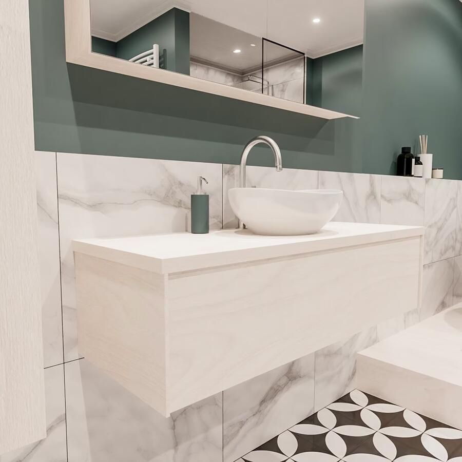 Zaro Lush onderkast met topblad 120cm in kleur UNDERLAYMENT met 1 lades Push tot open geschikt voor gecentreerde wastafel. Met ovale keramische opzetkom met 1 kraangat(en) in het topblad - Foto 4