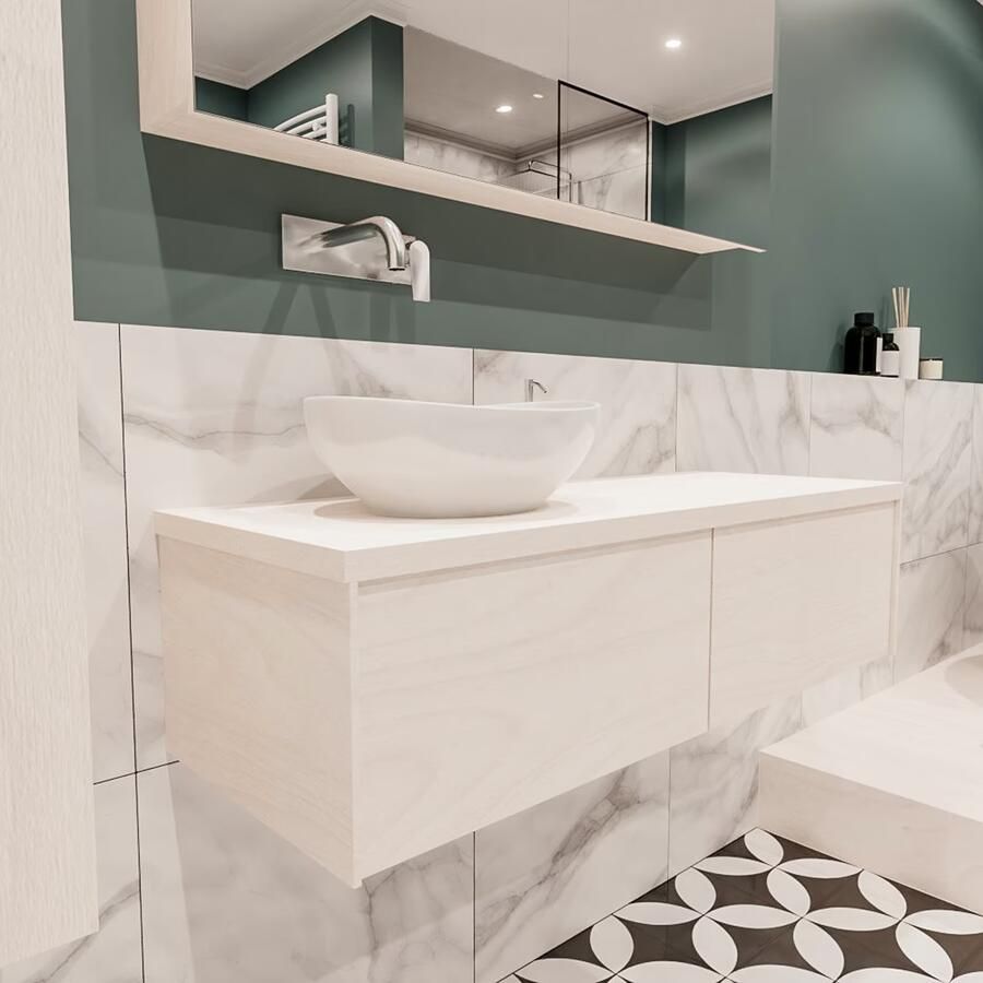 Zaro Lush onderkast met topblad 120cm in kleur UNDERLAYMENT met 2 lades Push tot open geschikt voor linkse wastafel. Met ovale keramische opzetkom met 0 kraangat(en) in het topblad - Foto 4