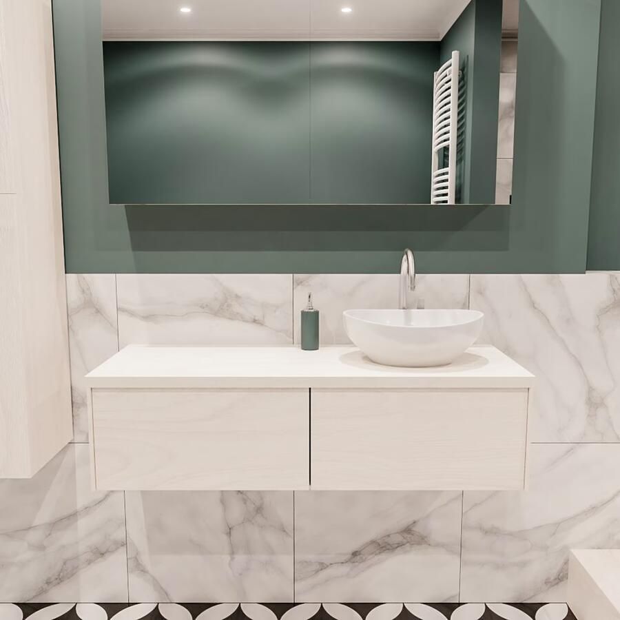 Zaro Lush onderkast met topblad 120cm in kleur UNDERLAYMENT met 2 lades Push tot open geschikt voor rechtse wastafel. Met ovale keramische opzetkom met 1 kraangat(en) in het topblad - Foto 2