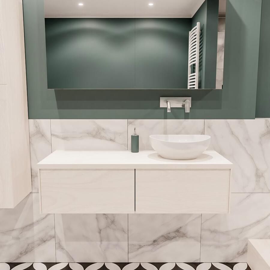 Zaro Lush onderkast met topblad 120cm in kleur UNDERLAYMENT met 2 lades Push tot open geschikt voor rechtse wastafel. Met ovale keramische opzetkom met 0 kraangat(en) in het topblad - Foto 2