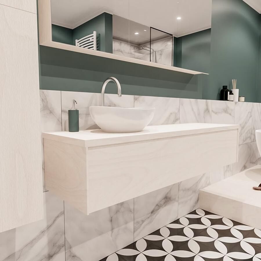 Zaro Lush onderkast met topblad 150cm in kleur UNDERLAYMENT met 1 lades Push tot open geschikt voor linkse wastafel. Met ovale keramische opzetkom met 1 kraangat(en) in het topblad - Foto 4