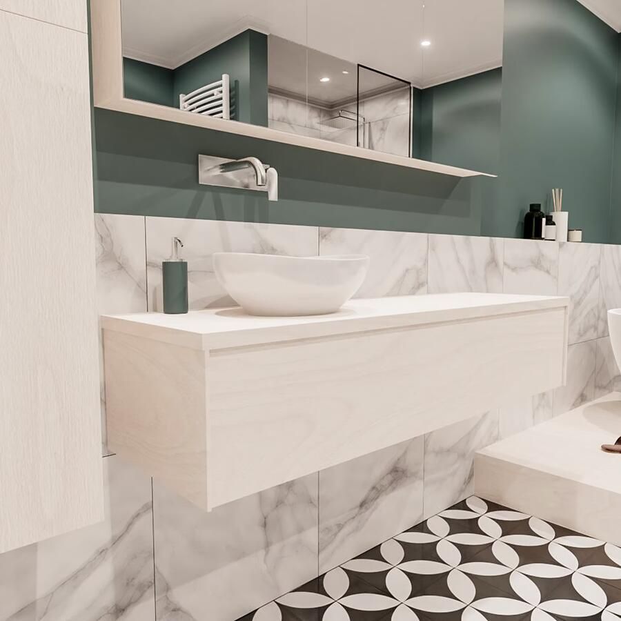 Zaro Lush onderkast met topblad 150cm in kleur UNDERLAYMENT met 1 lades Push tot open geschikt voor linkse wastafel. Met ovale keramische opzetkom met 0 kraangat(en) in het topblad - Foto 4