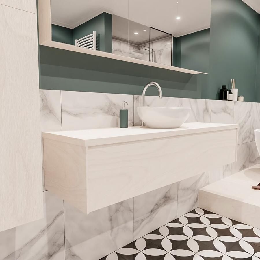 Zaro Lush onderkast met topblad 150cm in kleur UNDERLAYMENT met 1 lades Push tot open geschikt voor gecentreerde wastafel. Met ovale keramische opzetkom met 1 kraangat(en) in het topblad - Foto 4