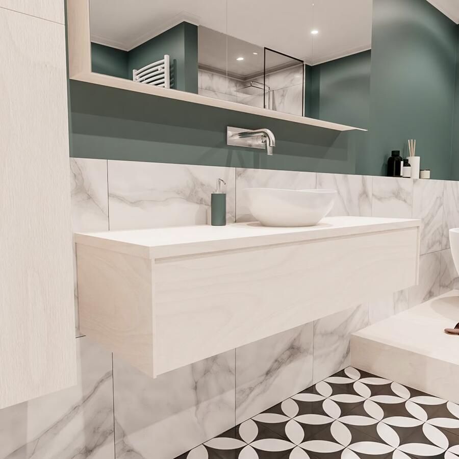 Zaro Lush onderkast met topblad 150cm in kleur UNDERLAYMENT met 1 lades Push tot open geschikt voor gecentreerde wastafel. Met ovale keramische opzetkom met 0 kraangat(en) in het topblad - Foto 4