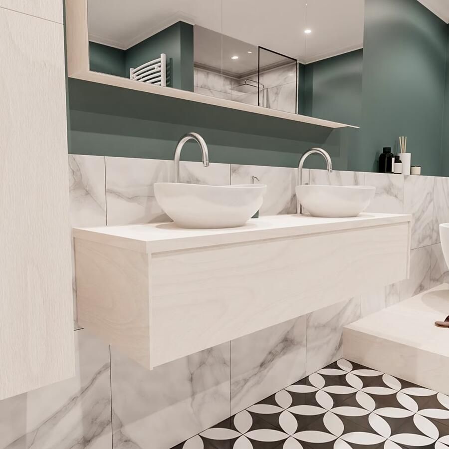 Zaro Lush onderkast met topblad 150cm in kleur UNDERLAYMENT met 1 lades Push tot open geschikt voor dubbele wastafel. Met ovale keramische opzetkom met 2 kraangat(en) in het topblad - Foto 4