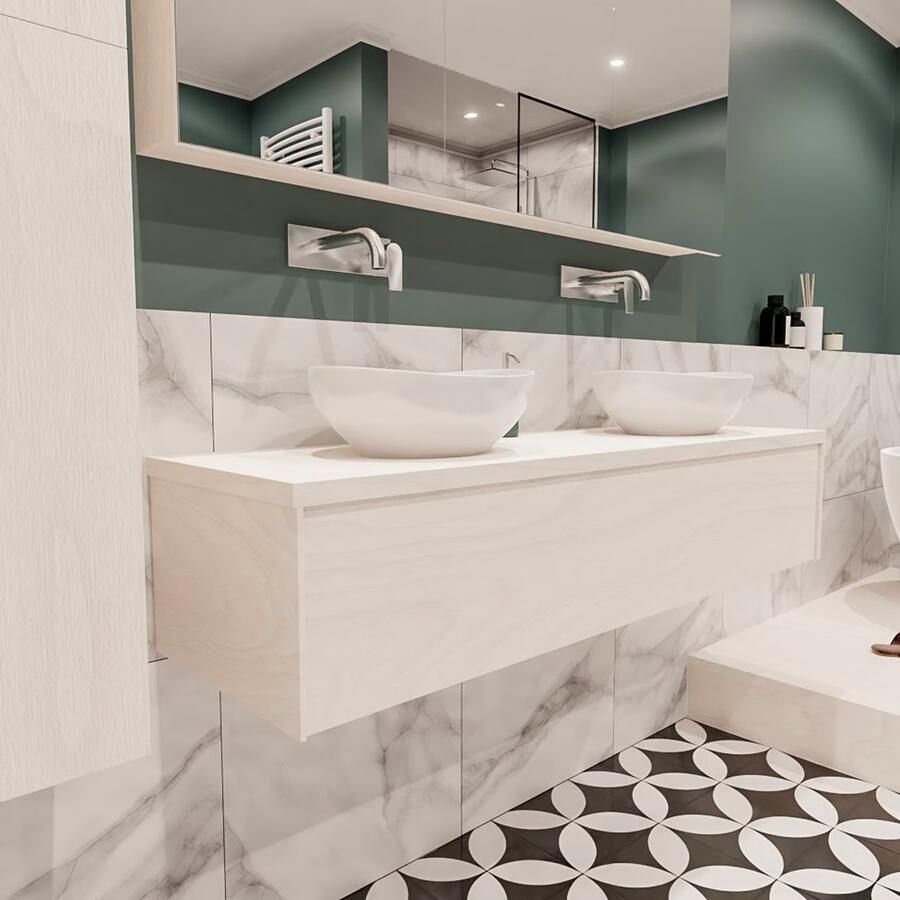 Zaro Lush onderkast met topblad 150cm in kleur UNDERLAYMENT met 1 lades Push tot open geschikt voor dubbele wastafel. Met ovale keramische opzetkom met 0 kraangat(en) in het topblad - Foto 4