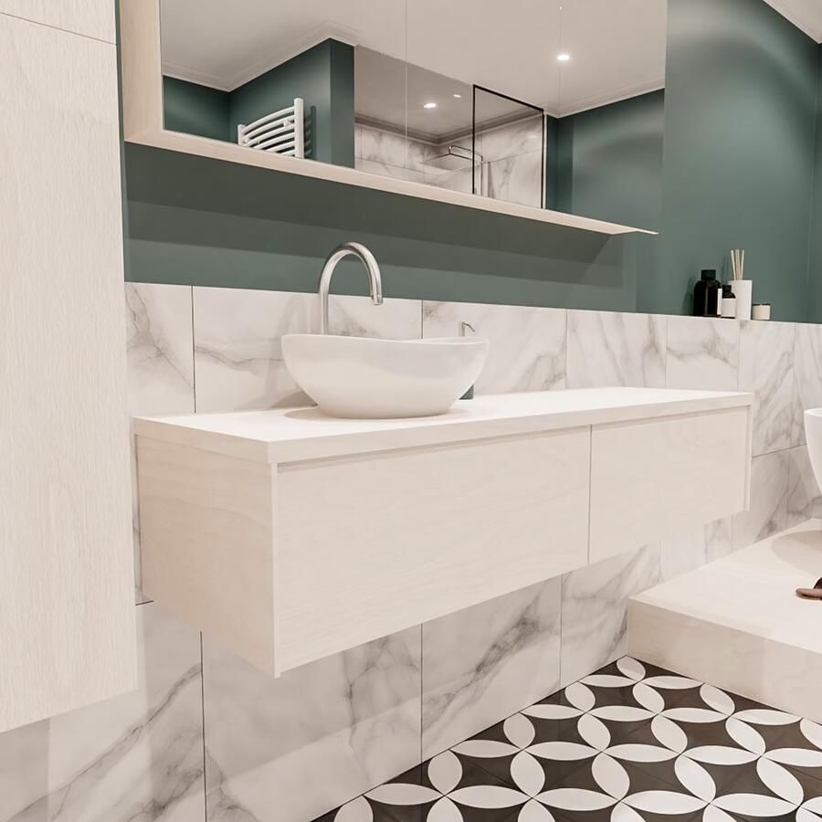 Zaro Lush onderkast met topblad 150cm in kleur UNDERLAYMENT met 2 lades Push tot open geschikt voor linkse wastafel. Met ovale keramische opzetkom met 1 kraangat(en) in het topblad - Foto 4