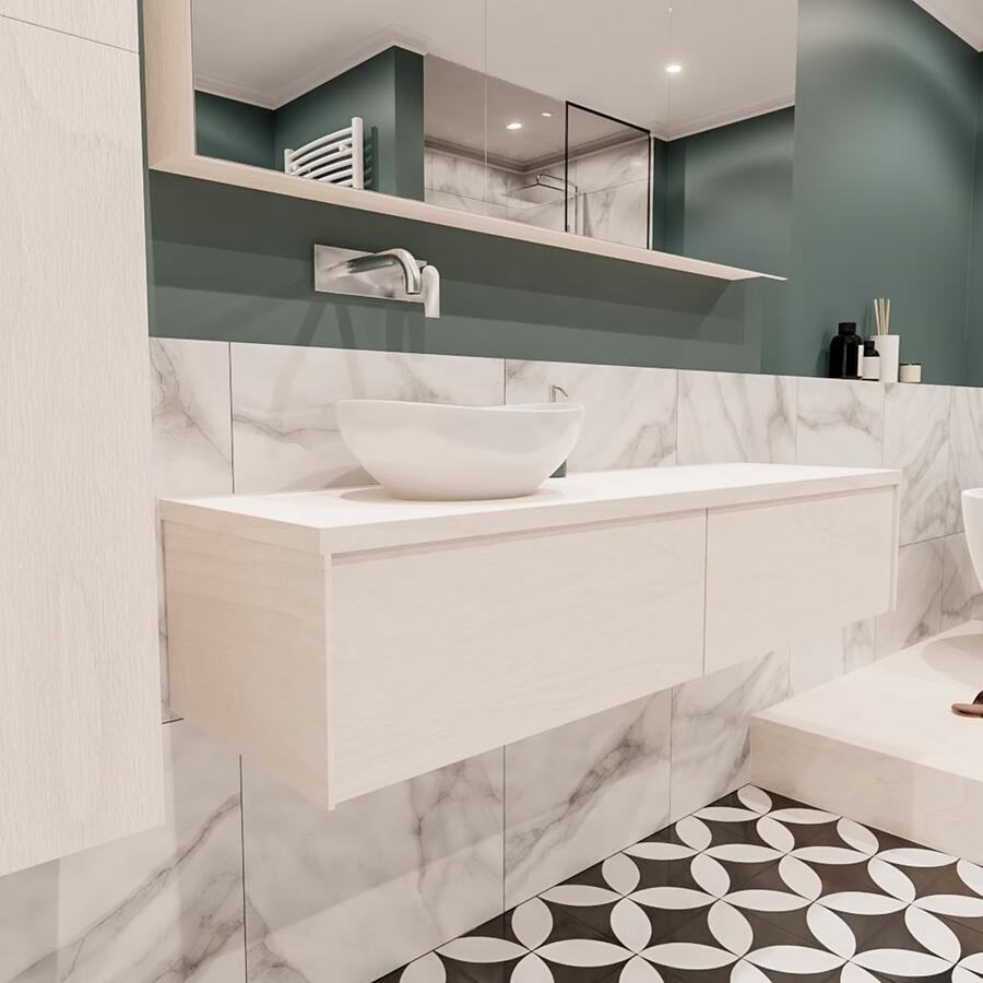 Zaro Lush onderkast met topblad 150cm in kleur UNDERLAYMENT met 2 lades Push tot open geschikt voor linkse wastafel. Met ovale keramische opzetkom met 0 kraangat(en) in het topblad - Foto 2