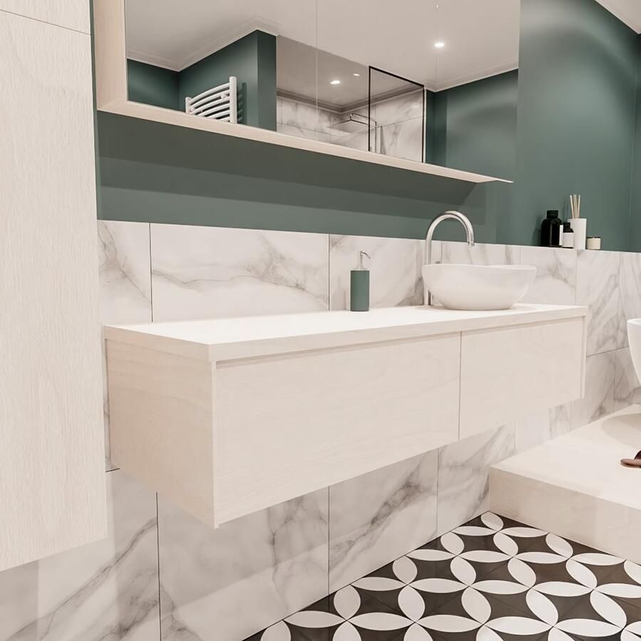 Zaro Lush onderkast met topblad 150cm in kleur UNDERLAYMENT met 2 lades Push tot open geschikt voor rechtse wastafel. Met ovale keramische opzetkom met 1 kraangat(en) in het topblad - Foto 2