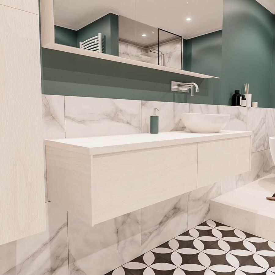 Zaro Lush onderkast met topblad 150cm in kleur UNDERLAYMENT met 2 lades Push tot open geschikt voor rechtse wastafel. Met ovale keramische opzetkom met 0 kraangat(en) in het topblad - Foto 3