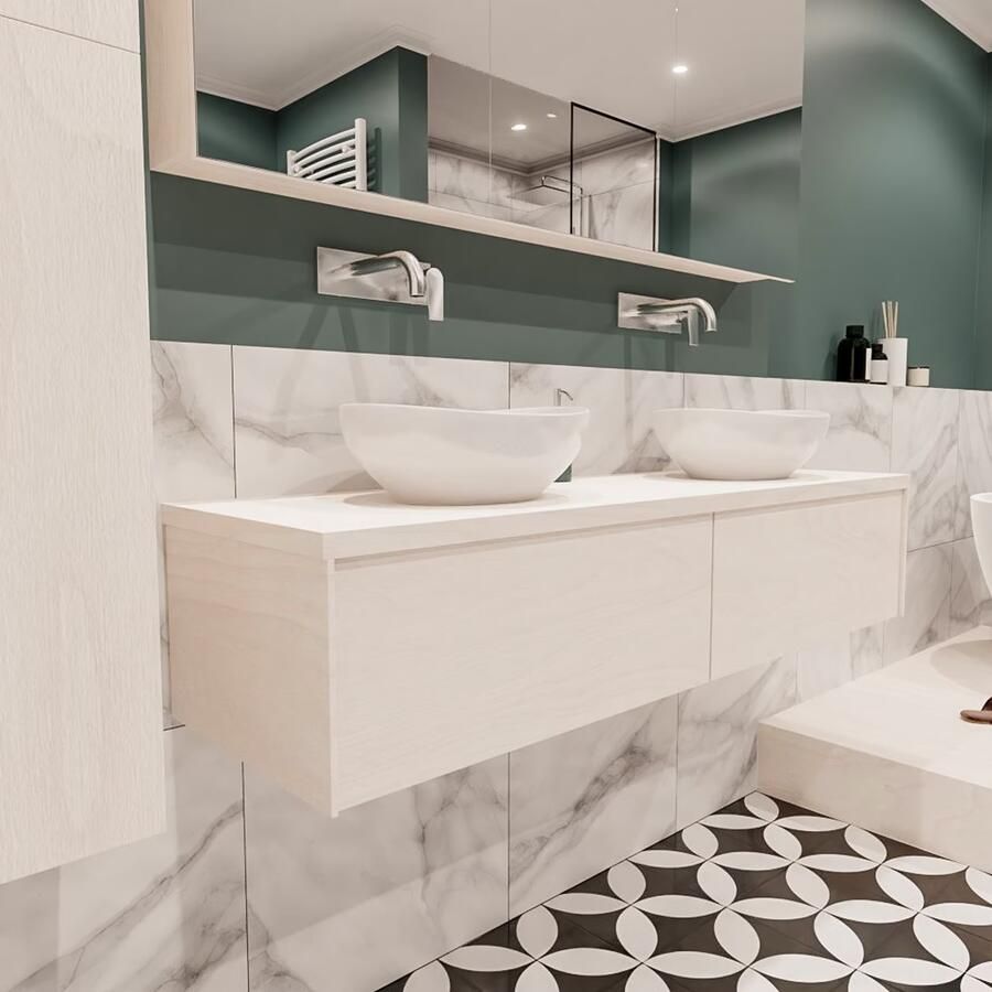 Zaro Lush onderkast met topblad 150cm in kleur UNDERLAYMENT met 2 lades Push tot open geschikt voor dubbele wastafel. Met ovale keramische opzetkom met 0 kraangat(en) in het topblad - Foto 4