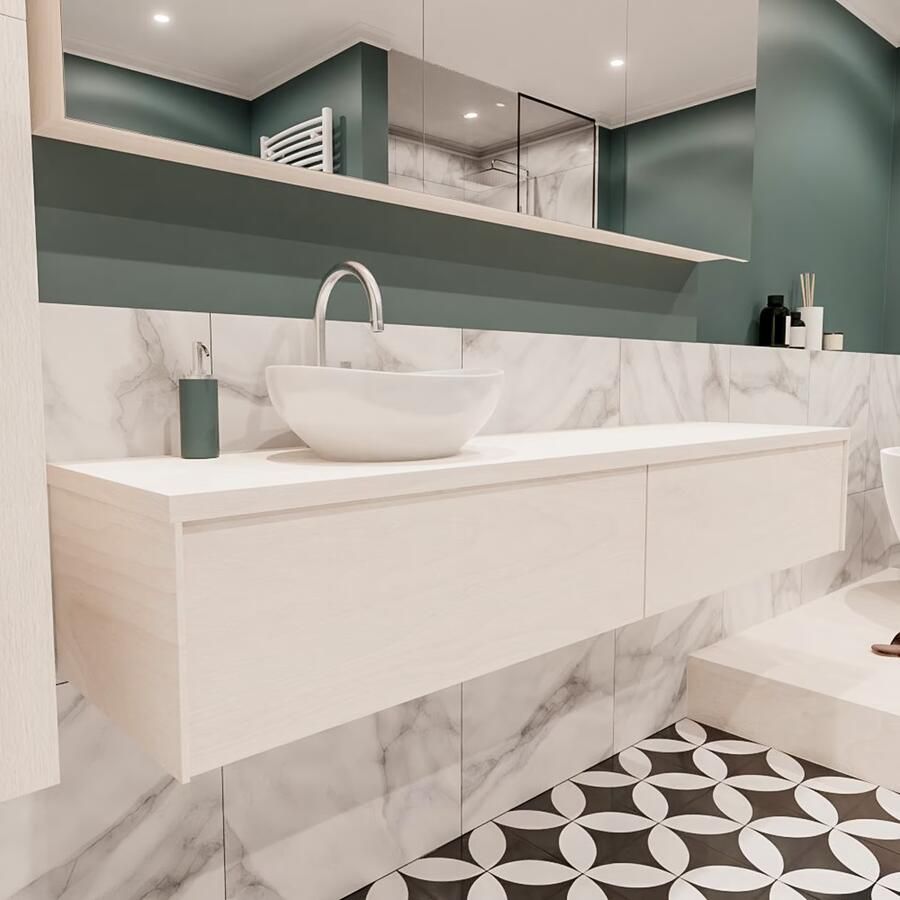 Zaro Lush onderkast met topblad 180cm in kleur UNDERLAYMENT met 2 lades Push tot open geschikt voor linkse wastafel. Met ovale keramische opzetkom met 1 kraangat(en) in het topblad - Foto 3