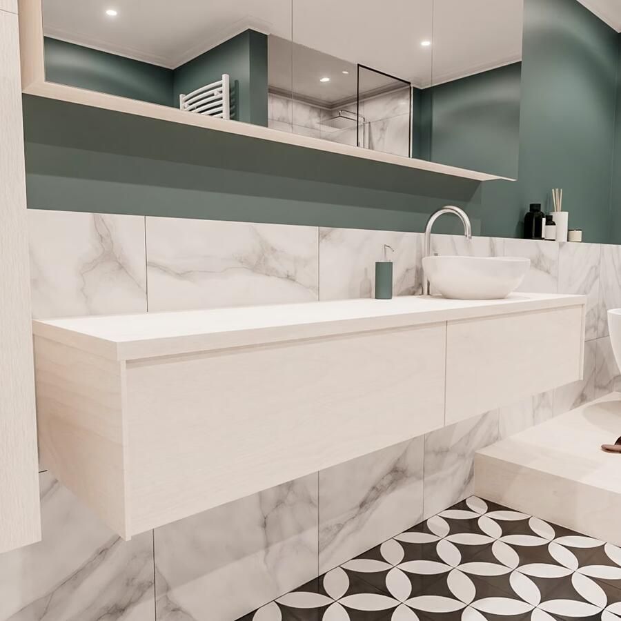 Zaro Lush onderkast met topblad 180cm in kleur UNDERLAYMENT met 2 lades Push tot open geschikt voor rechtse wastafel. Met ovale keramische opzetkom met 1 kraangat(en) in het topblad - Foto 2