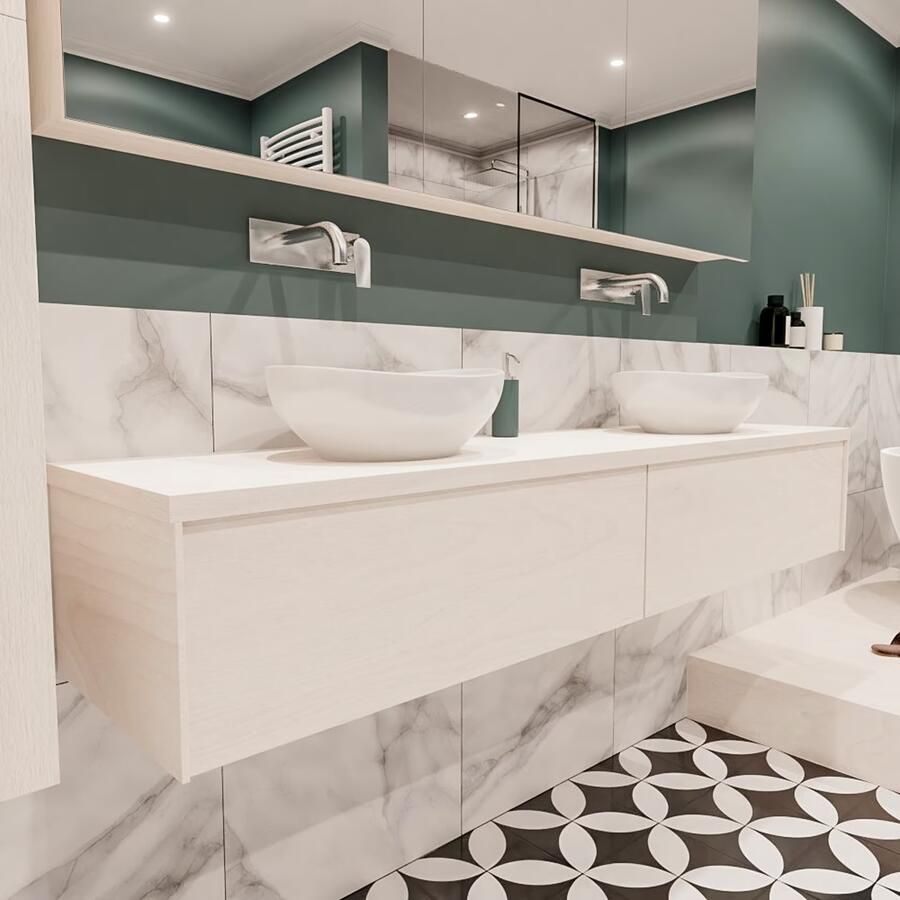 Zaro Lush onderkast met topblad 180cm in kleur UNDERLAYMENT met 2 lades Push tot open geschikt voor dubbele wastafel. Met ovale keramische opzetkom met 0 kraangat(en) in het topblad - Foto 4