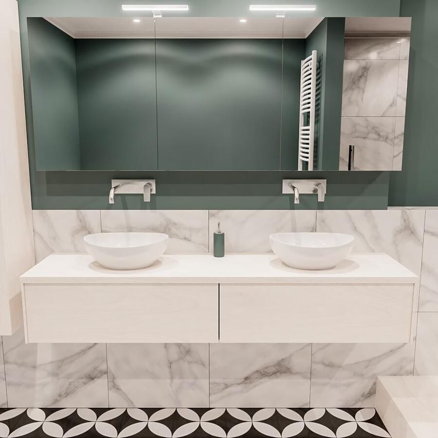 Zaro Lush onderkast met topblad 180cm in kleur UNDERLAYMENT met 2 lades Push tot open geschikt voor dubbele wastafel. Met ovale keramische opzetkom met 0 kraangat(en) in het topblad - Foto 2