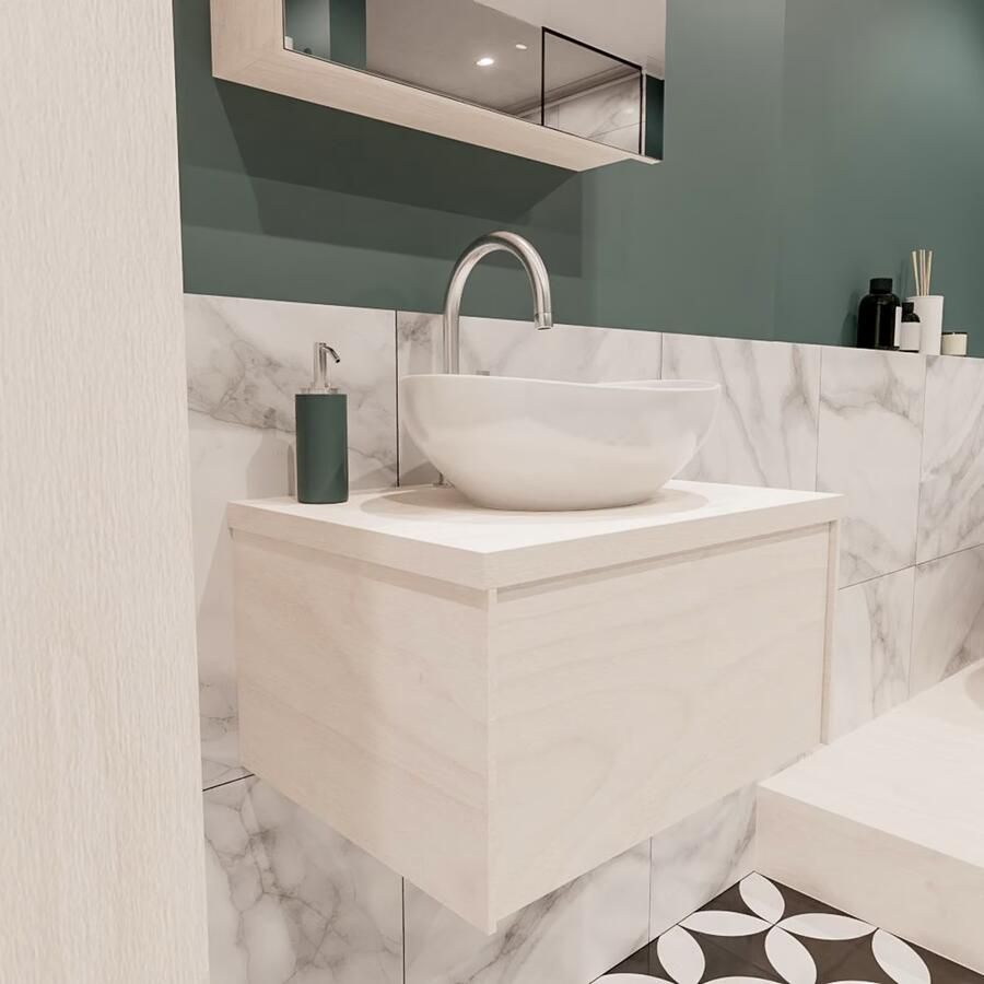 Zaro Lush onderkast met 30mm massief topblad 60cm in kleur UNDERLAYMENT met 1 lades Push tot open geschikt voor gecentreerde wastafel. Met ovale keramische opzetkom met 1 kraangat(en) in het topblad - Foto 4