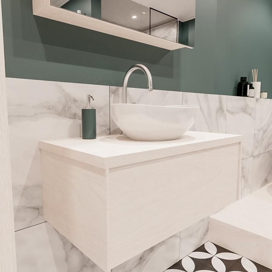 Zaro Lush onderkast met topblad 80cm in kleur UNDERLAYMENT met 1 lades Push tot open geschikt voor gecentreerde wastafel. Met ovale keramische opzetkom met 1 kraangat(en) in het topblad - Foto 4