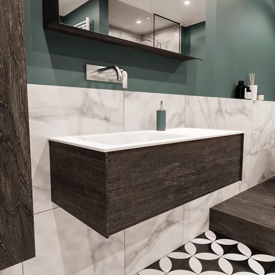 Zaro Lush onderkast 100cm in kleur DARK BROWN met 1 lade Push tot open geschikt voor linkse wastafel. Compleet met solid surface wastafel cloud M35133met 0 kraangat(en) - Foto 3