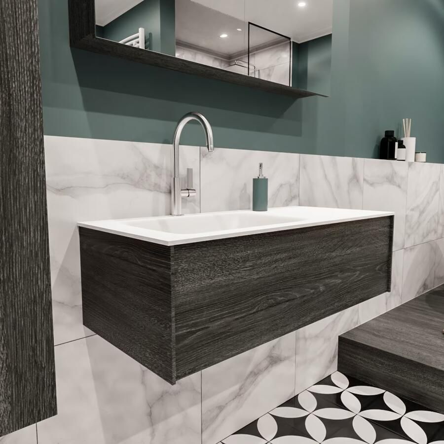 Zaro Lush onderkast 100cm in kleur ANTRACITE met 1 lade Push tot open geschikt voor linkse wastafel. Compleet met solid surface wastafel cloud M35133met 1 kraangat(en)