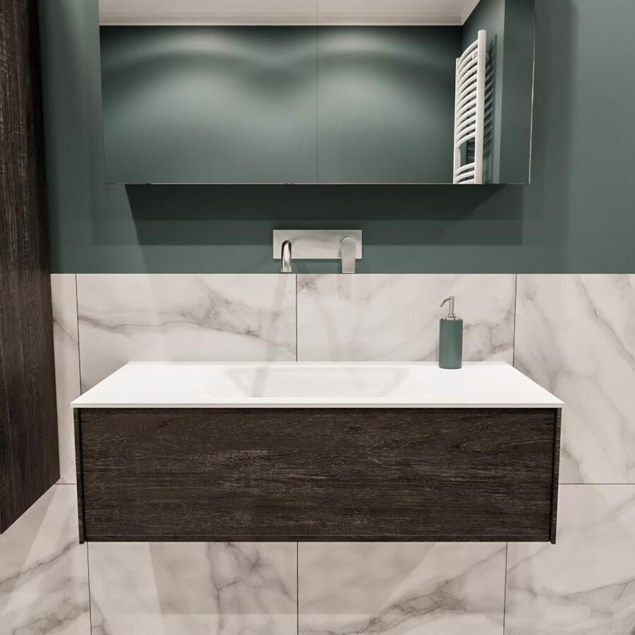 Zaro Lush onderkast 100cm in kleur DARK BROWN met 1 lade Push tot open geschikt voor gecentreerde wastafel. Compleet met solid surface wastafel cloud M35132met 0 kraangat(en) - Foto 2