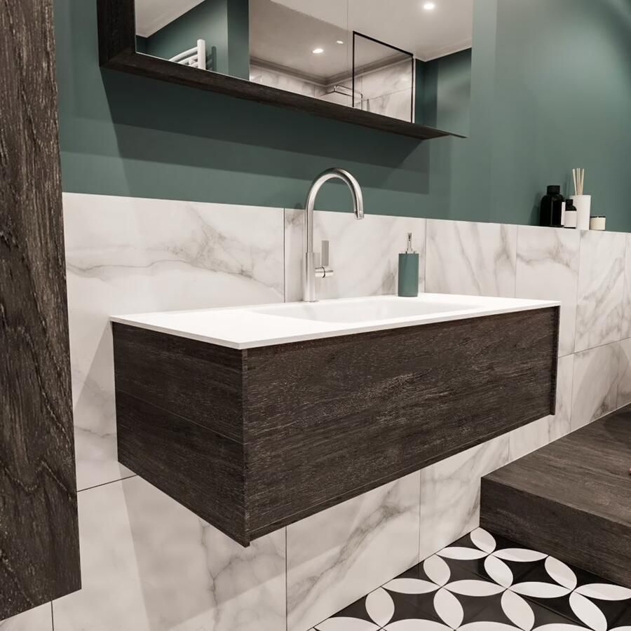 Zaro Lush onderkast 100cm in kleur DARK BROWN met 1 lade Push tot open geschikt voor gecentreerde wastafel. Compleet met solid surface wastafel cloud M35132met 1 kraangat(en)