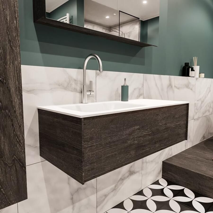 Zaro Lush onderkast 100cm in kleur DARK BROWN met 1 lade Push tot open geschikt voor linkse wastafel. Compleet met solid surface wastafel cloud M35133met 1 kraangat(en) - Foto 2