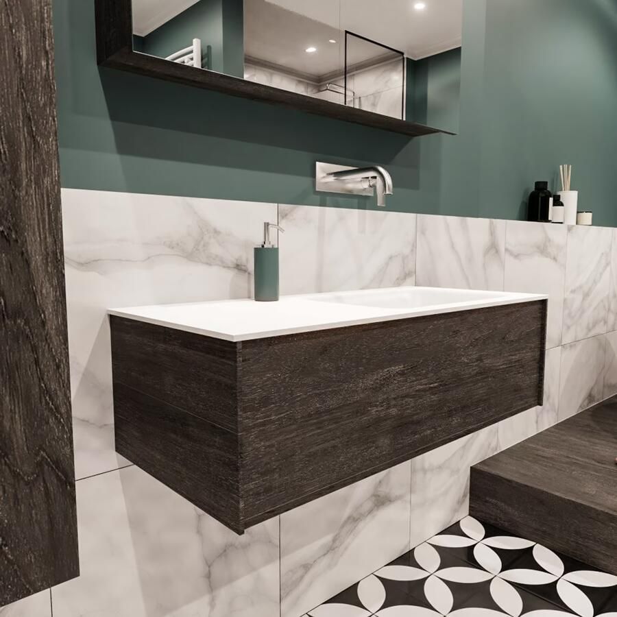 Zaro Lush onderkast 100cm in kleur DARK BROWN met 1 lade Push tot open geschikt voor rechtse wastafel. Compleet met solid surface wastafel cloud M35134met 0 kraangat(en) - Foto 4