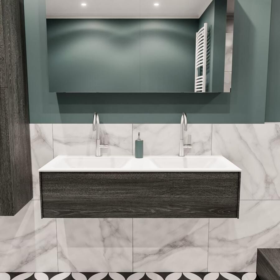 Zaro Lush onderkast 120cm in kleur ANTRACITE met 1 lade Push tot open geschikt voor dubbele wastafel. Compleet met solid surface wastafel cloud M35165met 2 kraangat(en)