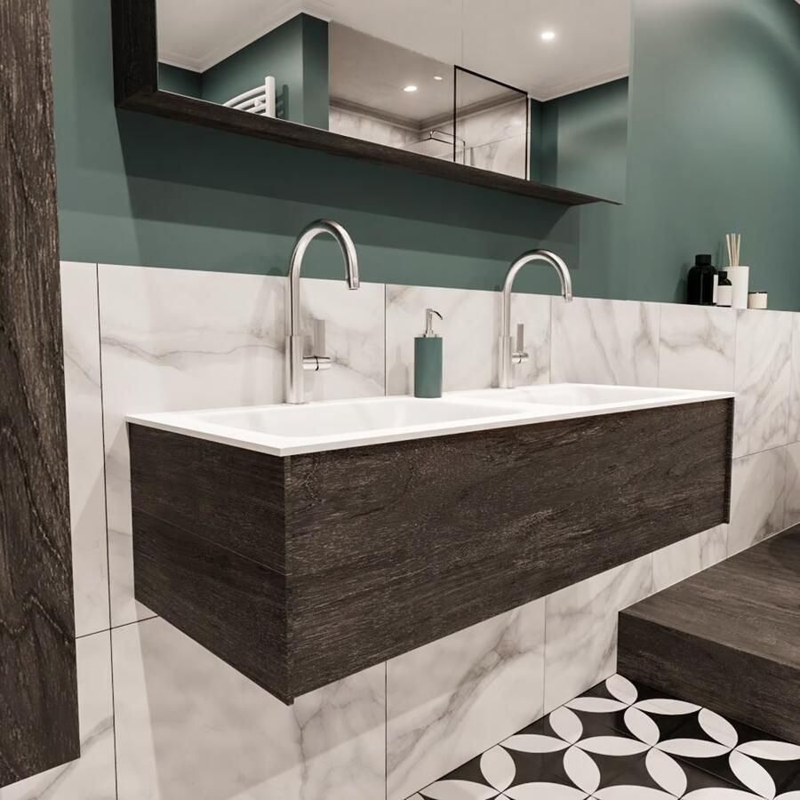 Zaro Lush onderkast 120cm in kleur DARK BROWN met 1 lade Push tot open geschikt voor dubbele wastafel. Compleet met solid surface wastafel cloud M35165met 2 kraangat(en) - Foto 5