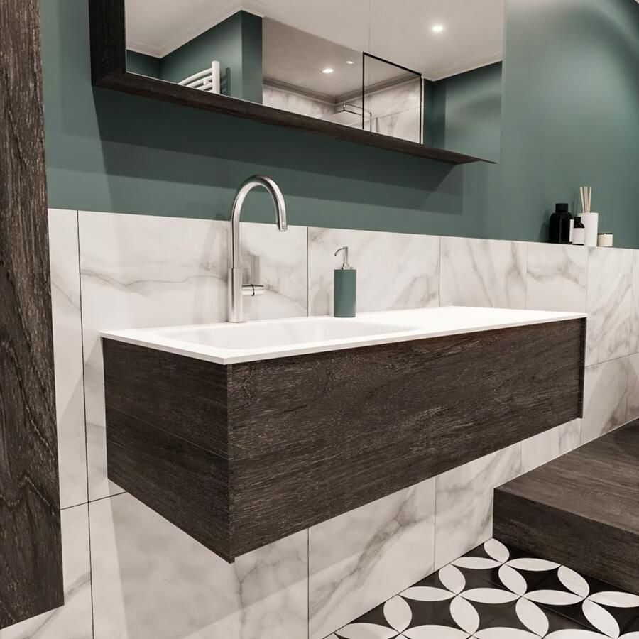 Zaro Lush onderkast 120cm in kleur DARK BROWN met 1 lade Push tot open geschikt voor linkse wastafel. Compleet met solid surface wastafel cloud M35163met 1 kraangat(en) - Foto 4