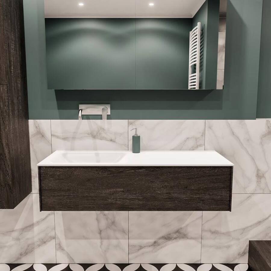 Zaro Lush onderkast 120cm in kleur DARK BROWN met 1 lade Push tot open geschikt voor linkse wastafel. Compleet met solid surface wastafel cloud M35163met 0 kraangat(en) - Foto 2