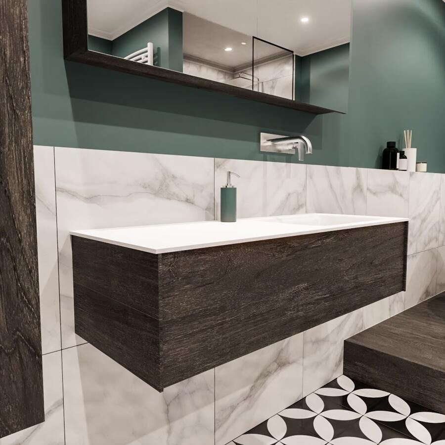 Zaro Lush onderkast 120cm in kleur DARK BROWN met 1 lade Push tot open geschikt voor rechtse wastafel. Compleet met solid surface wastafel cloud M35164met 0 kraangat(en) - Foto 4