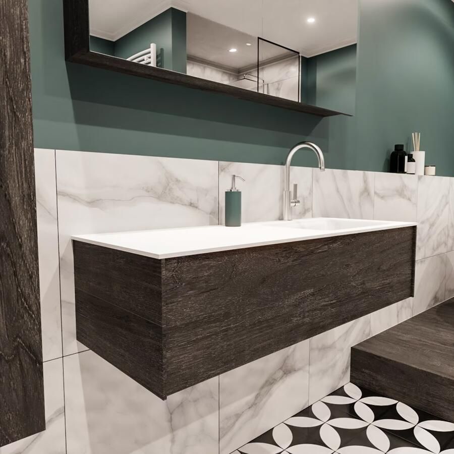 Zaro Lush onderkast 120cm in kleur DARK BROWN met 1 lade Push tot open geschikt voor rechtse wastafel. Compleet met solid surface wastafel cloud M35164met 1 kraangat(en) - Foto 4