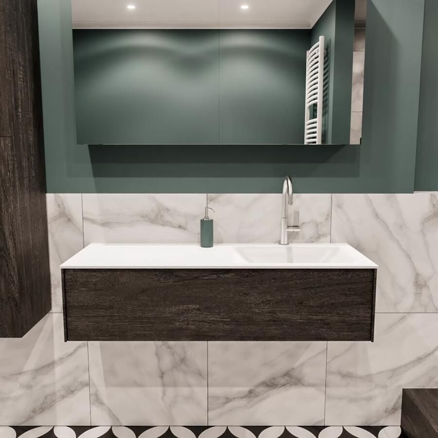 Zaro Lush onderkast 120cm in kleur DARK BROWN met 1 lade Push tot open geschikt voor rechtse wastafel. Compleet met solid surface wastafel cloud M35164met 1 kraangat(en) - Foto 2