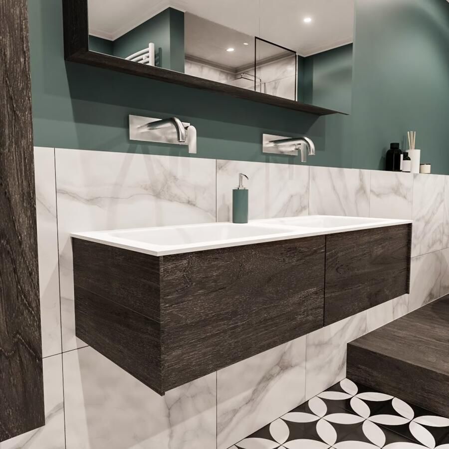 Zaro Lush onderkast 120cm in kleur DARK BROWN met 2 lades Push tot open geschikt voor dubbele wastafel. Compleet met solid surface wastafel cloud M35165met 0 kraangat(en) - Foto 4