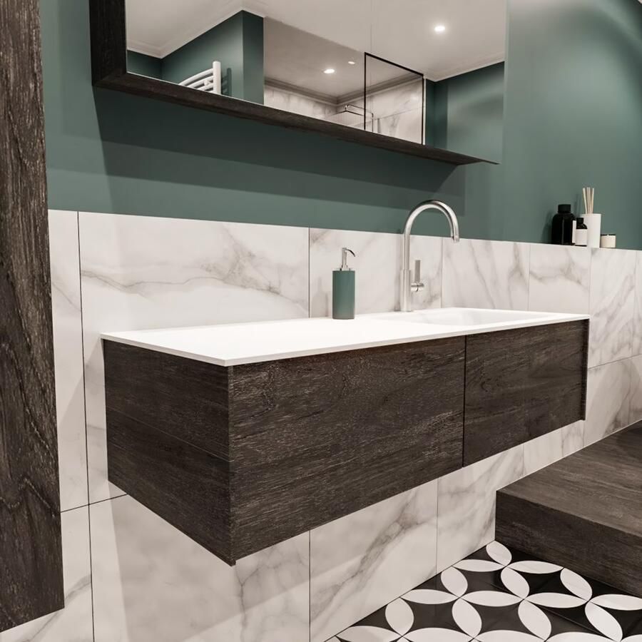 Zaro Lush onderkast 120cm in kleur DARK BROWN met 2 lades Push tot open geschikt voor rechtse wastafel. Compleet met solid surface wastafel cloud M35164met 1 kraangat(en) - Foto 4