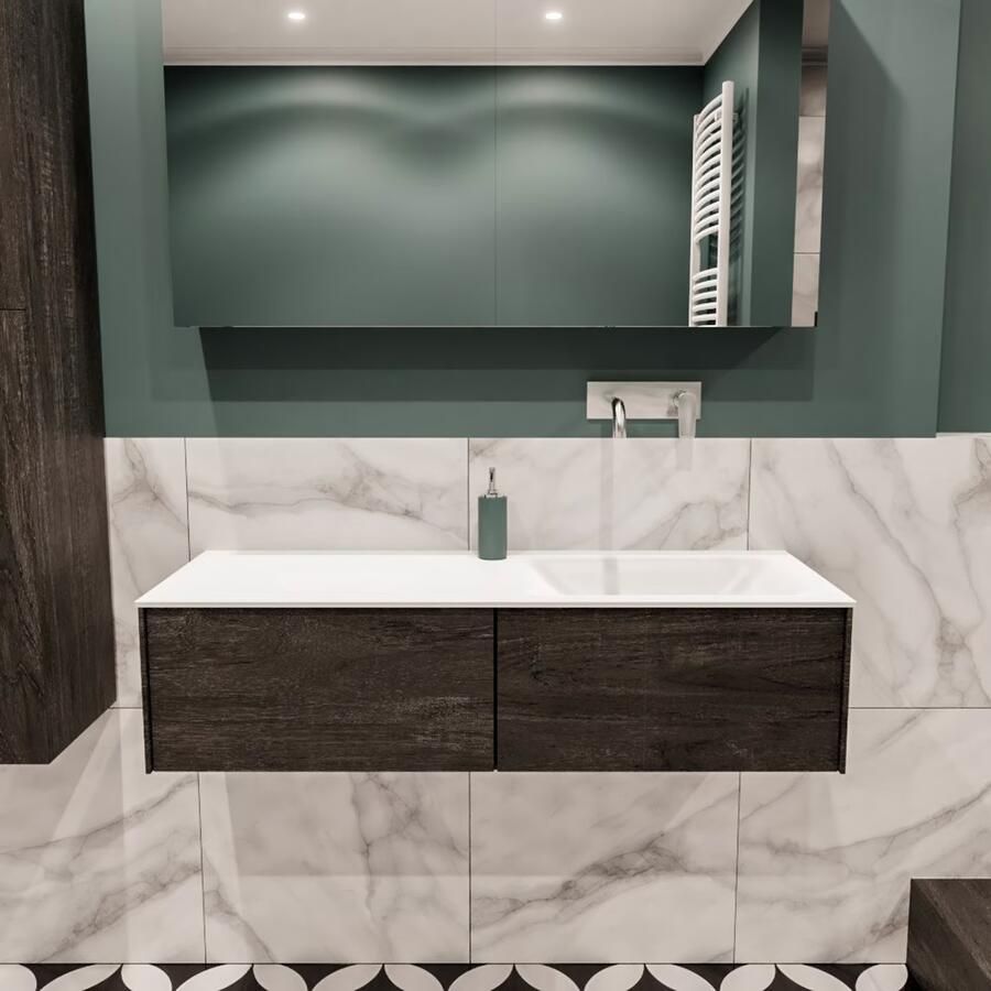 Zaro Lush onderkast 120cm in kleur DARK BROWN met 2 lades Push tot open geschikt voor rechtse wastafel. Compleet met solid surface wastafel cloud M35164met 0 kraangat(en) - Foto 2