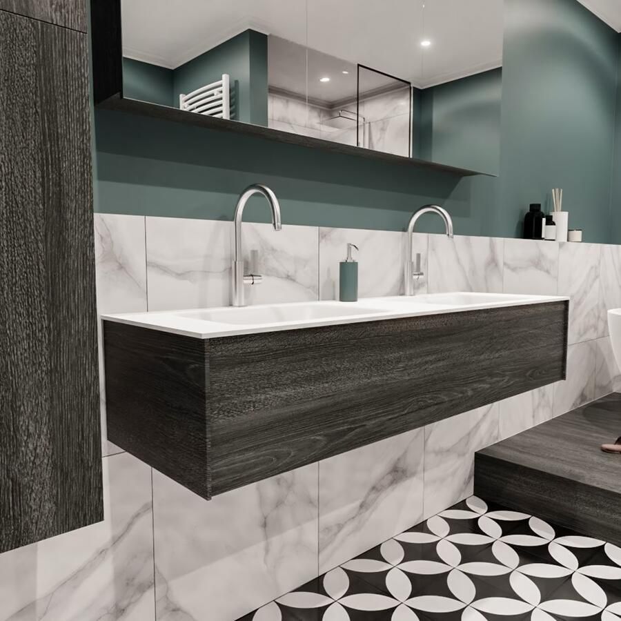 Zaro Lush onderkast 150cm in kleur ANTRACITE met 1 lade Push tot open geschikt voor dubbele wastafel. Compleet met solid surface wastafel cloud M35219met 2 kraangat(en) - Foto 4