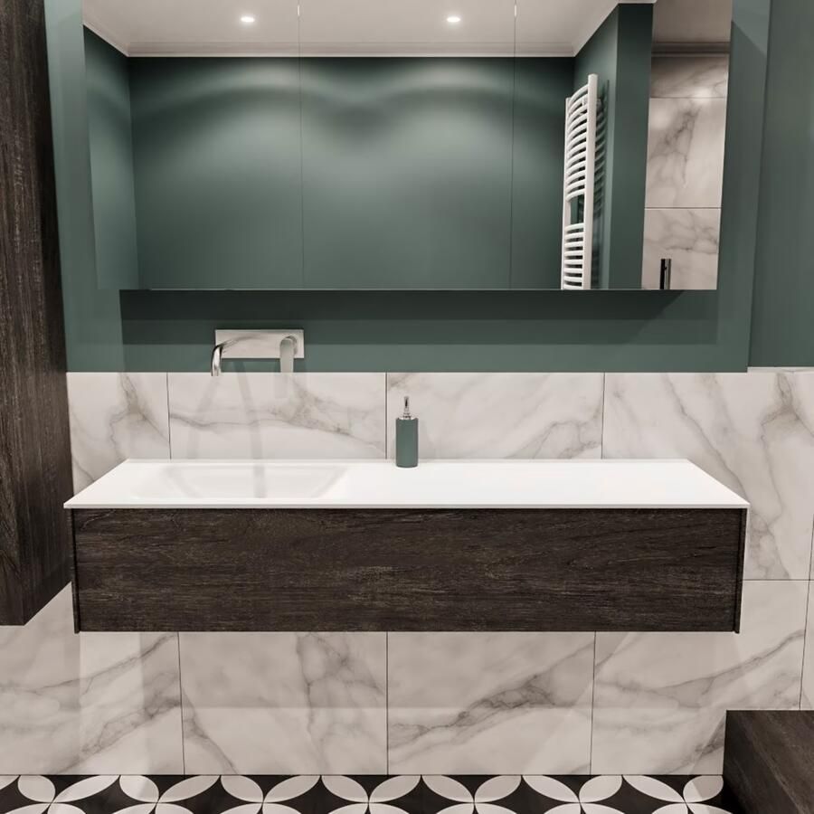 Zaro Lush onderkast 150cm in kleur DARK BROWN met 1 lade Push tot open geschikt voor linkse wastafel. Compleet met solid surface wastafel cloud M35217met 0 kraangat(en) - Foto 2