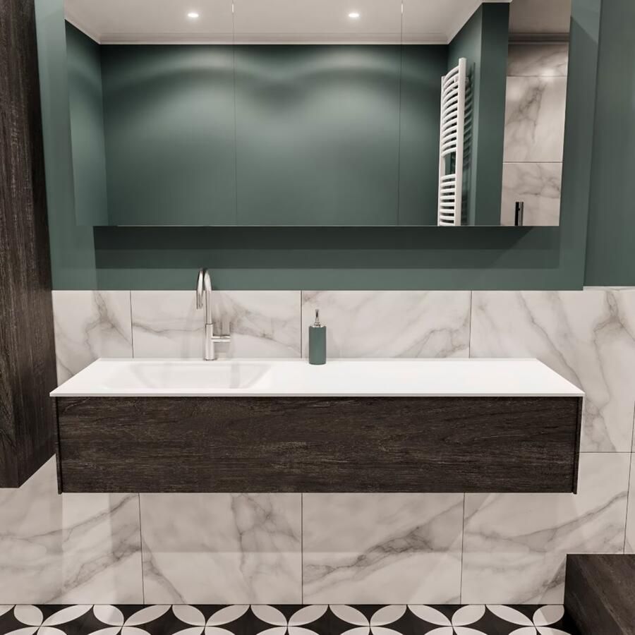 Zaro Lush onderkast 150cm in kleur DARK BROWN met 1 lade Push tot open geschikt voor linkse wastafel. Compleet met solid surface wastafel cloud M35217met 1 kraangat(en) - Foto 2