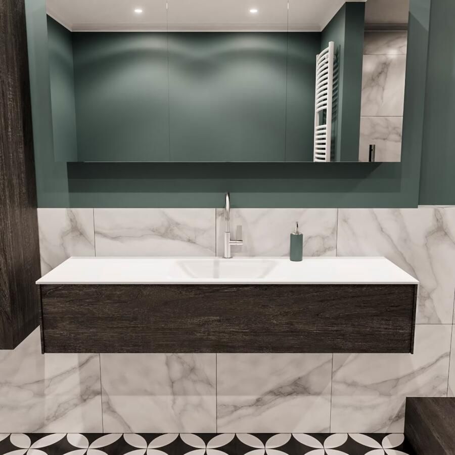 Zaro Lush onderkast 150cm in kleur DARK BROWN met 1 lade Push tot open geschikt voor gecentreerde wastafel. Compleet met solid surface wastafel cloud M35216met 1 kraangat(en) - Foto 2