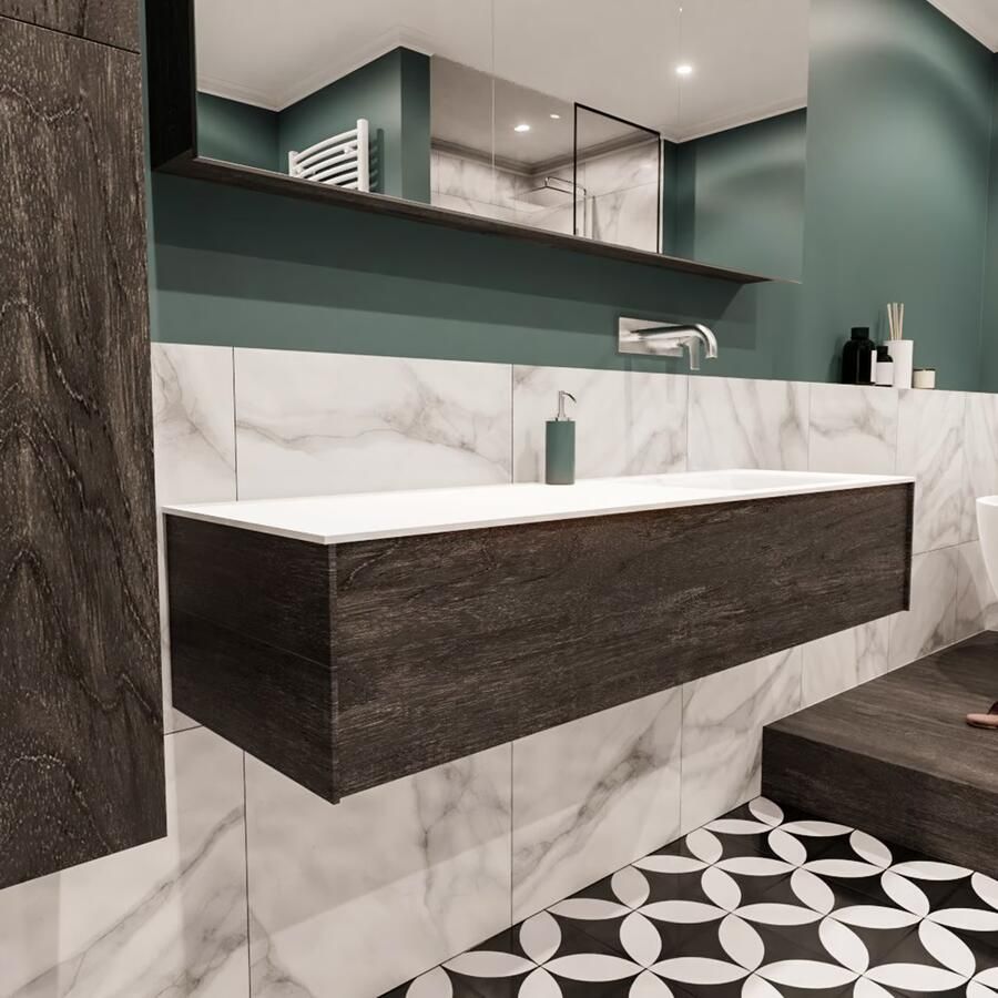 Zaro Lush onderkast 150cm in kleur DARK BROWN met 1 lade Push tot open geschikt voor rechtse wastafel. Compleet met solid surface wastafel cloud M35218met 0 kraangat(en) - Foto 4